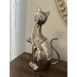 Mid Century Modern Chrome Cat Mosaic Atomic Retro Glam Figurine Statue 10"